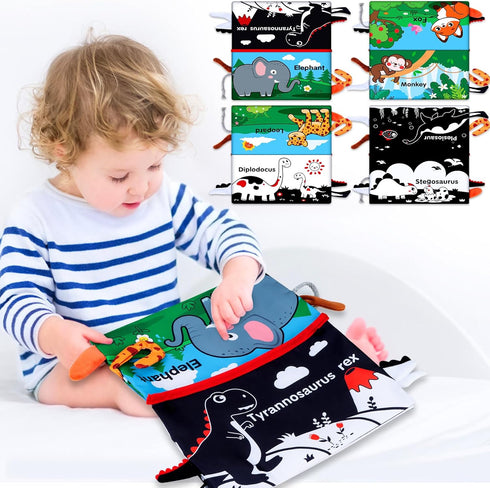 Tummy Time Baby Mirror Toys 0-6 6-12 Months, High Contrast Infant Toys with Crinkle Cloth Book and Teether
