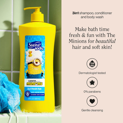 3-In-1 28 oz(Pack 4) Suave Kids Minions Shampoo, Conditioner, and Body Wash, For Tear-Free and Gentle Cleansing