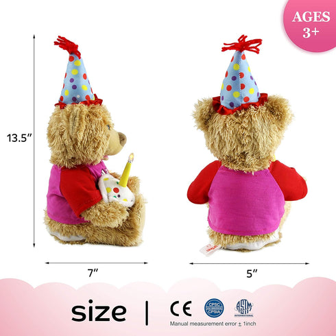 Houwsbaby 13.5'' Birthday Teddy Bear Interactive Stuffed Animal Electric Singing Musical Plush Toy with Cupcake for Kids