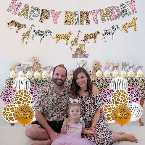 Funmemoir Pink Cheetah Birthday Decorations for Girls, Jungle Safari Theme Party with Happy Banner and Toppers