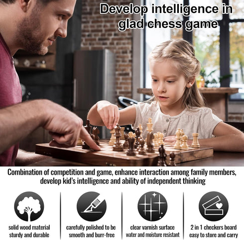 2 1 Set Set in Wooden Chess and Checkers - Folding Magnetic Chess Board with Storage Slots, Chess Pieces, Portable