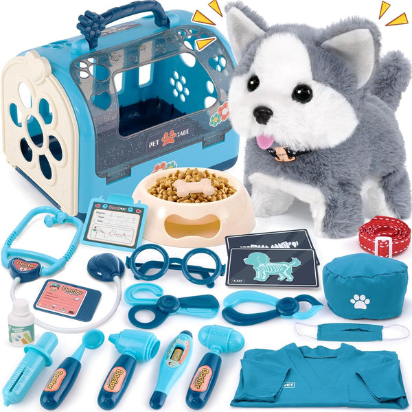 22Pcs Dog Toys for Kids Vet Doctor Kit,Walking Barking Electronic Interactive Husky