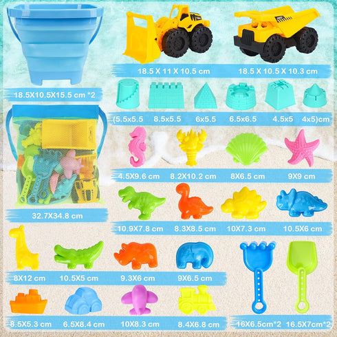 FHOZGECY 2 2 4-8 Beach Toys, Sand Toys for Kids Boys and Girls with Construction Vehicle, Collapsible Bucket, Sand