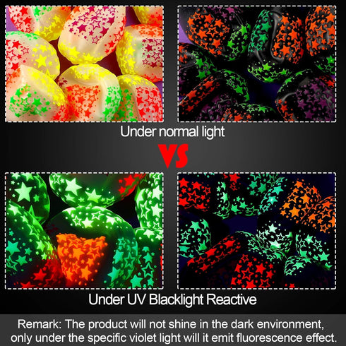 Chivao 50 Pieces Neon Glow Balloons, Blacklight Fluorescent Mini Stars for Party Decoration, Black, Clear