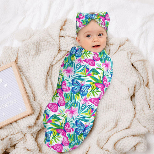 Set Butterfly Swaddle Blankets Newborn Receiving Blanket Baby Swaddle Wrap with Headband Hat for Baby Girls Boys