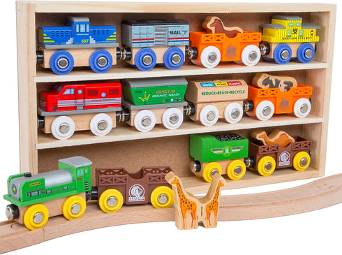 Toys 12 (18 Pcs) Wooden Engines & Train Cars Collection with Animals, Farm Safari Zoo Compatible with Thomas
