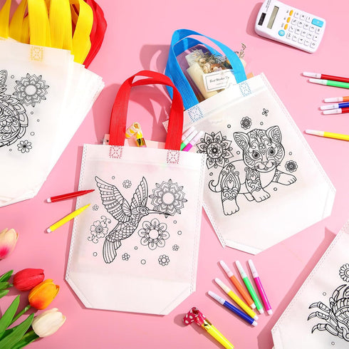 24 144 Pasimy Pieces Mandala Animals Coloring Goodies Bags with Makers Recycle Coloring Gifts Bags Color Your Own Totes