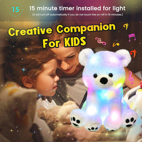 11'' Hopearl LED Musical Stuffed Polar Bear Lighting Up Singing Plush Toy Adjustable Volume Lullaby Animated Soothe