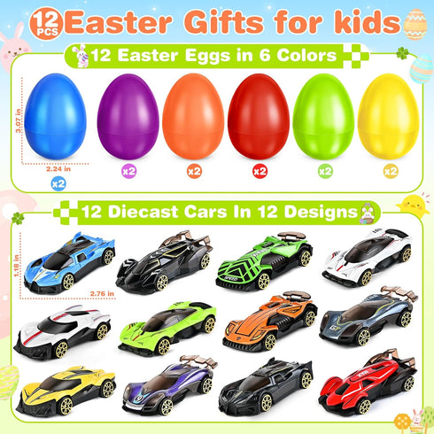 12 Pack Shemira Easter Eggs Filled with Die-cast Racing Cars for Kids Boys Easter Basket Stuffers, Prefilled Easter