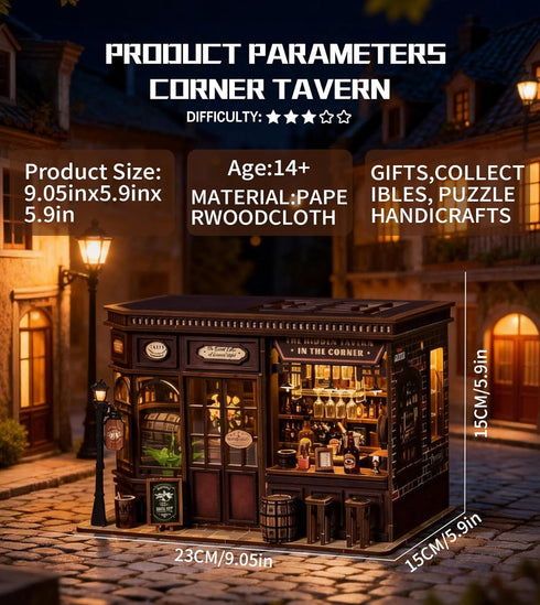 Spilay DIY Miniature Dollhouse Kit, Corner Tavern Dollhouse with LED Light, Mini House Building Kit Book Nook