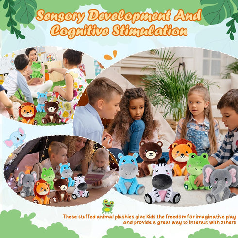 RoundFunny 6 7 Inch Pcs Forest Animals Toys Zebra Lion Hippo Bear Elephant Frog Large Stuffed Animals Bulk for Woodland
