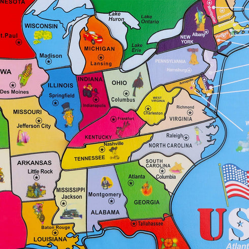 Wondertoys 46 Pieces Wooden USA Map Puzzle - Educational Geography Puzzles for Kids, US Map Puzzle for Boy Girl