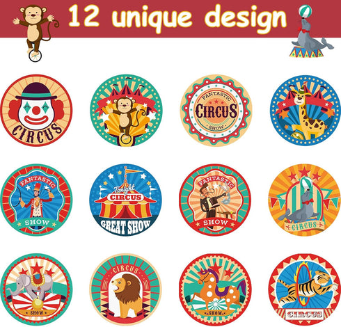 Zonon 500 Pieces Carnival Circus Party Stickers, Themed Animal Clown Labels for Birthday Envelope Seals and Goodie Bags