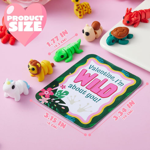 28 3D JOYIN Pcs Printed Mini Animals with Valentine Greeting Cards, Animals Articulated Flexible Fidget Toys for Kids