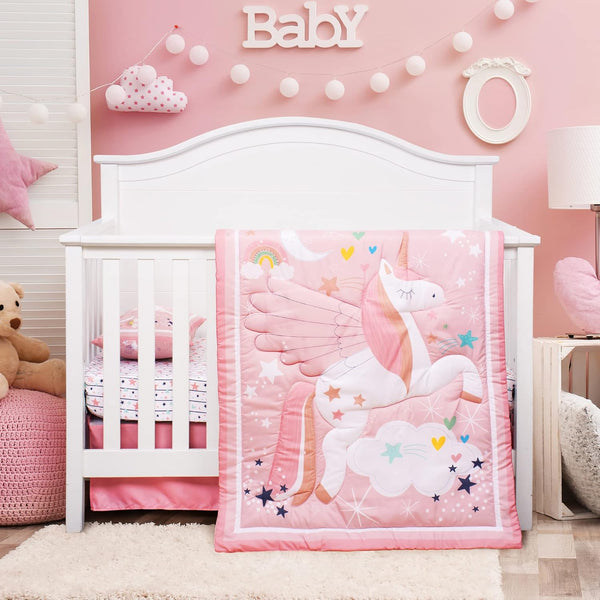 Cloele Pink Crib Bedding Set for Girls- 4 Piece Unicorns Baby Comforter