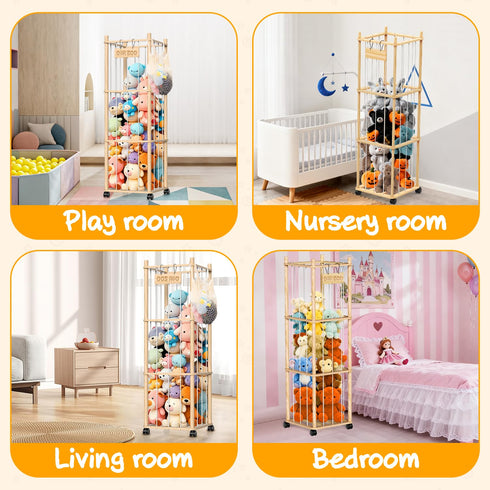 Belveora 3 Stuffed Animal Storage Organizer, Wooden Plushies Toy Zoo Holder with Wheels, Large Capacity Storage Tower