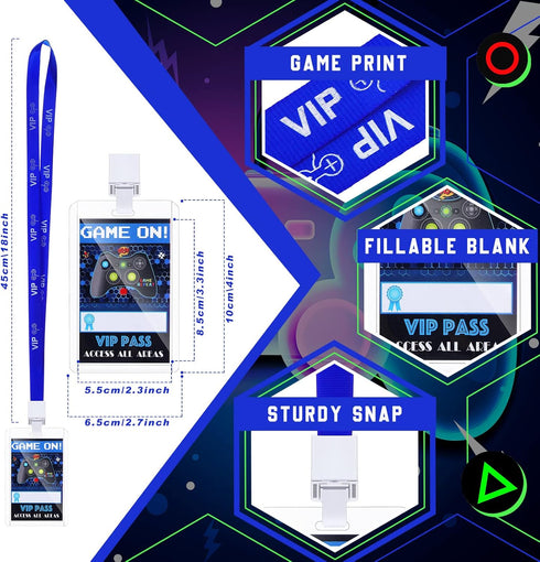 24 Pieces VIP Video Game Pass Holder with Lanyard Video Game Party Favors VIP Party Pass Card Game on Tickets for Game Themed Birthday Party Supplies