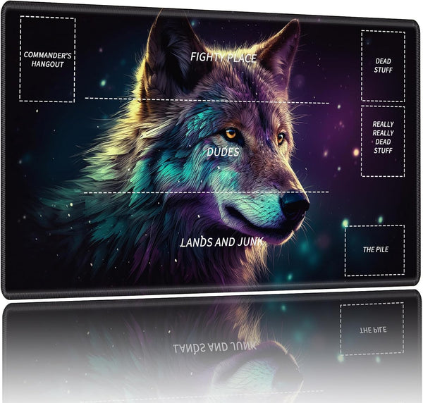 Blue Wolf MTG Playmat, 24 x 14 inches, Card Playmat Stitched with Magic Zones for TCG and Board Games, Mousepad