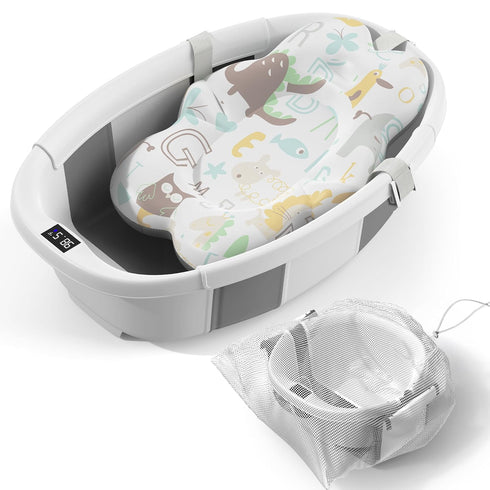 Collapsible Baby Bathtub - Large Baby Bath Tub with Thermometer & Cushion