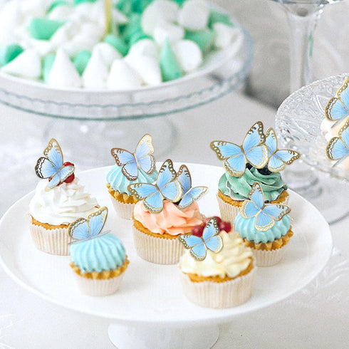 Ercadio 30 Pack 3D Butterfly Cake Toppers, Waterproof Blue & Arts Cupcake Picks for Baby Shower, Birthday Decor