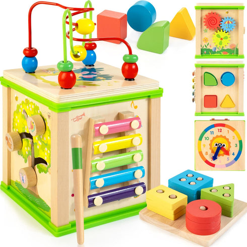 Wooden 7-in-1 Activity Cube, Montessori Toys for 1 2 3 Year Old Toddlers, Educational Developmental Toys
