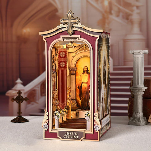Kit,3D Book Nook DIY Wooden Puzzle with LED Bookend Bookshelf Decoration,Miniature Doll House for Home Decor, Jesus