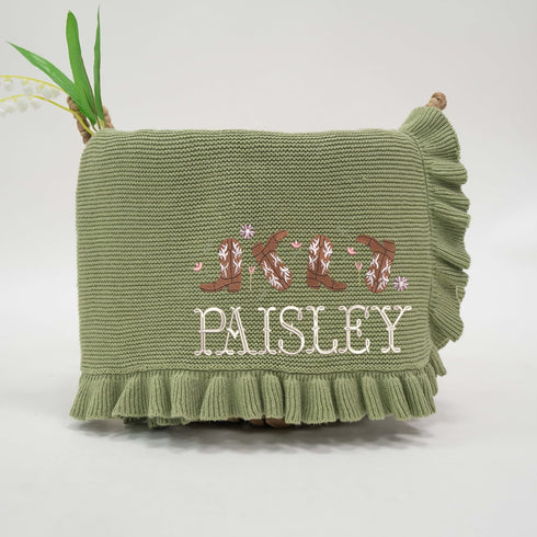 Personalized Cowgirl Name Blanket, Custom Knit Baby Girl Blanket, Embroidered Western Infant Throw, Soft Newborn