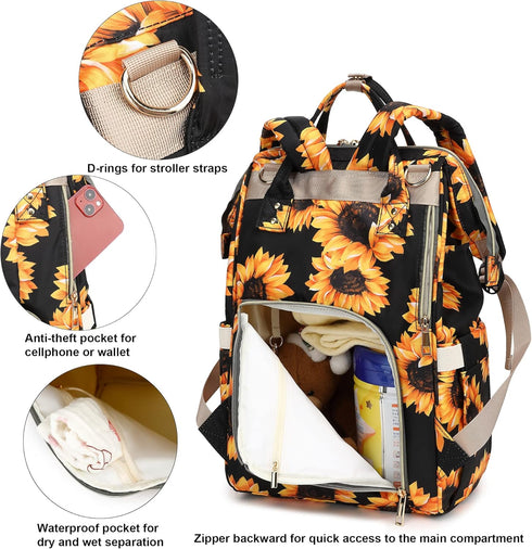 Xunteny Backpack Sunflower Baby Diaper Bag for Girls Boys, Waterproof Large Maternity Nappy Bags for Mom (Black)