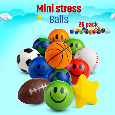 Bulk Mini Stress Balls (25 Pack) 2-3 Inch Soft Squeezable Fidget Toy Balls, Variety of Shapes & Colors for Kids Party