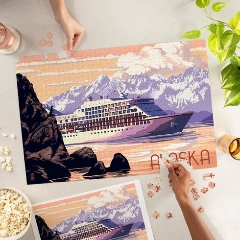 Lantern Press 1000 Piece Jigsaw Puzzle, Alaska, Cruise Ship and Sunset