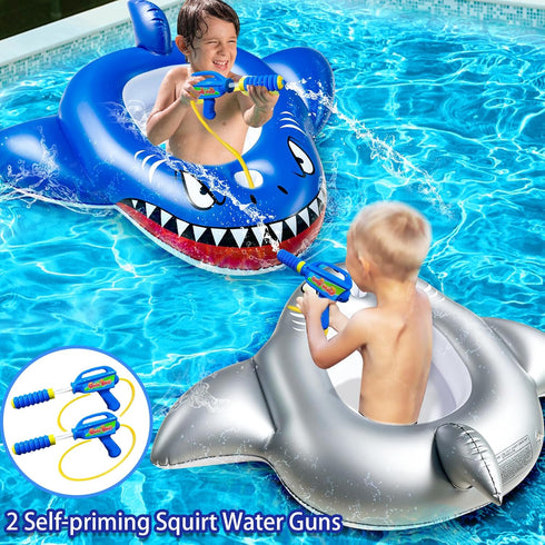 2 Pack Water Squirt Guns, Shark Pool Floats for Kids 3-8 Years, Inflatable Ride-on Toddler Pool Toys for Summer