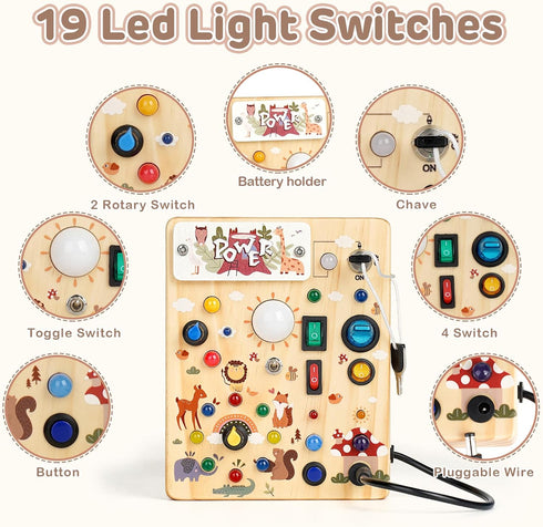 1-3,Montessori 1 2 3 LED Busy Board for Toddlers Toy with Key Switch, Light Up Wood Activity Sensory Board for Fine