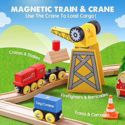 55PCS Set 3-7, Tiny Land Wooden Train - Compatible with Major Brand Tracks, Educational Toy for Toddlers & Kids Ages