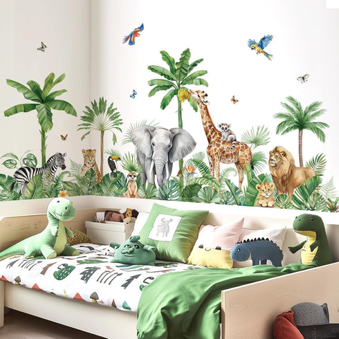 decalmile Large Safari Animals Tropical Tree Wall Decals Jungle Animals Giraffe Elephant