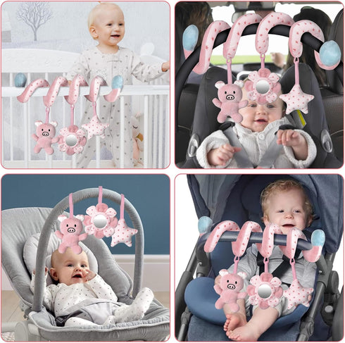 Infant Baby Pink Pig Spiral Activity Hanging Toys for Car Seat, Stroller Bar, Crib Mobile with Mirror