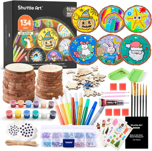 Kids Wood Painting Craft Kit, Glow-in-the-Dark Paint and Diamond Painting on Wood