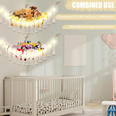 Stuffed Animal Hammock with LED Light, Toy Storage for Kids Room Decor, White
