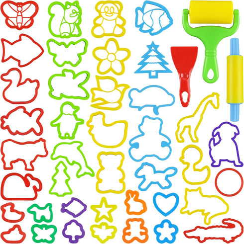 Playdough Tools with 40 Pcs Plastic Animal Shapes Cutters, 3 Pcs Basic Play Dough Tools