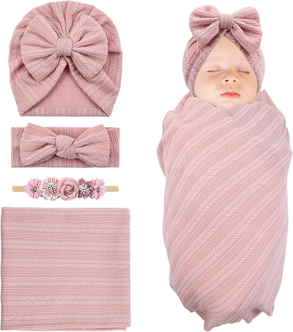 Cinaci 4pcs Dusty Pink Soft Nursery Newborn Baby Receiving Swaddle Blanket with