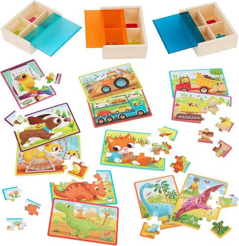 B. toys Pack o' Puzzles 3-Pack - Wooden Puzzle Box Set with 12 Puzzles: Pets, Dinos & Trucks for Kids 3 Years +
