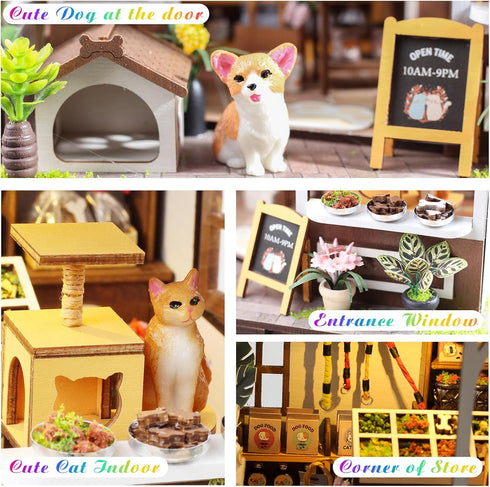 DIY Miniature House Kit, Tiny Pet Shop with Furniture & LED, 3D Dollhouse Building Kit for Adults and Teens