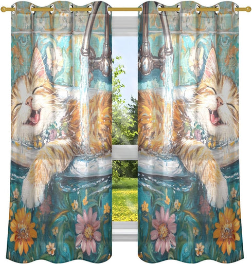 tplaotee Summer 63 Inch 2 Sets 42 63 Inch Cartoon Cute Bathing Cat Vintage Bathtub Curtains for Living Room Curtains