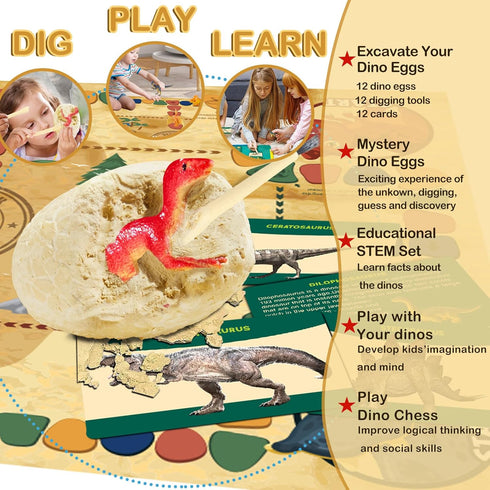 12 5-7 3 4 5 6 7 8 8-13 Dino Fossil Eggs Dinosaur Toys - Dinosaur Eggs Dig Excavation Kit w Play Mat for Kids Ages