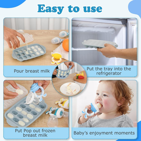 Baby Breastmilk Popsicle Molds & Baby Fruit Feeder-WAJIAYON Silicone Food Freezer Tray Storage Containers,Infant Food