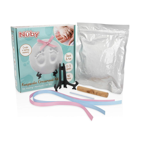 Nuby Baby Keepsake Ornament Hand & Footprint Clay Casting Kit with Easel, Blue & Pink Ribbons