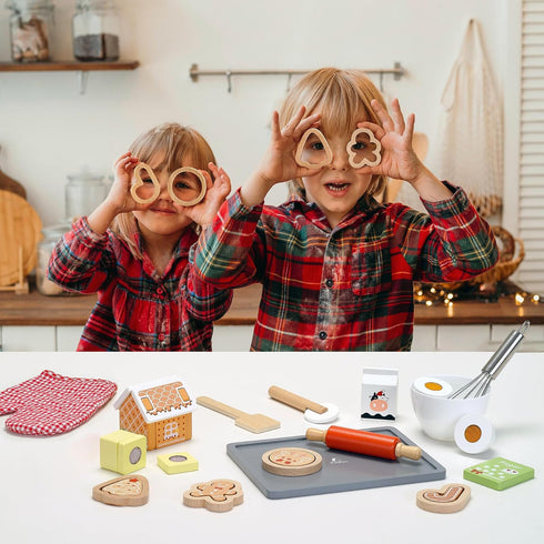 Playset 29 3D 3+ PairPear Gingerbread House Baking Piece Wooden Christmas Cookie Baking Kit, Toy Cookie Play Food