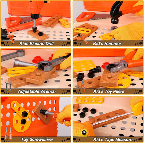 Kids Tool Bench Set, MAGIC4U 95PCS Toddler Workbench with Electronic Drill, Safety Vest & Hat for Ages 3-8