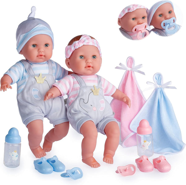 Berenguer Boutique 30050 TWINS - 15” Soft Body Baby Dolls - 12 Piece Gift Set with Open/Close Eyes