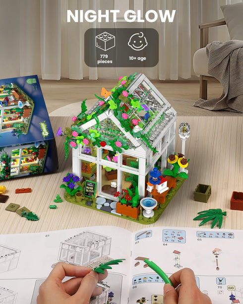 Set Sets 8+ (779 GEVINST Flower House for Adults Building with Led Light, for Home Display Decoration, Greenhouse Model