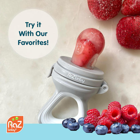 Solids/Frozen 6M+, 2-Pack RaZbaby Baby Fruit Feeder Pacifier, Infant Teether Toy BPA-Free, Safely Introduce Solids